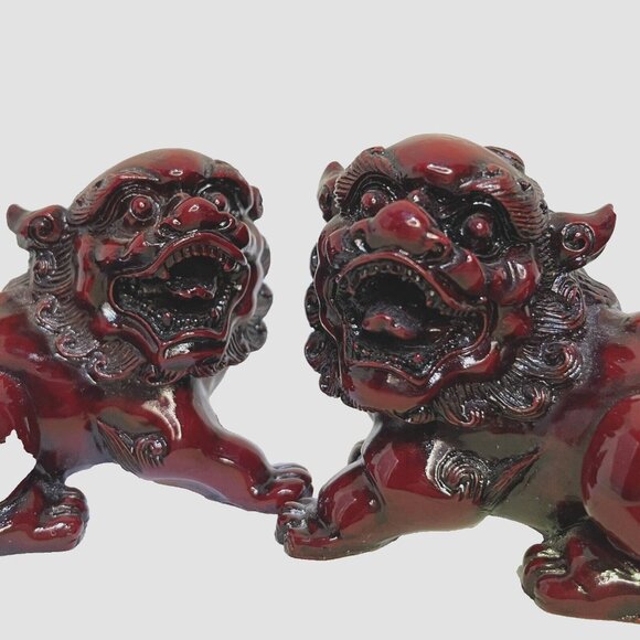 Vintage Foo Dog Pair Red Resin Asian Guardian Lion Figurines 4 in long each - Picture 3 of 16